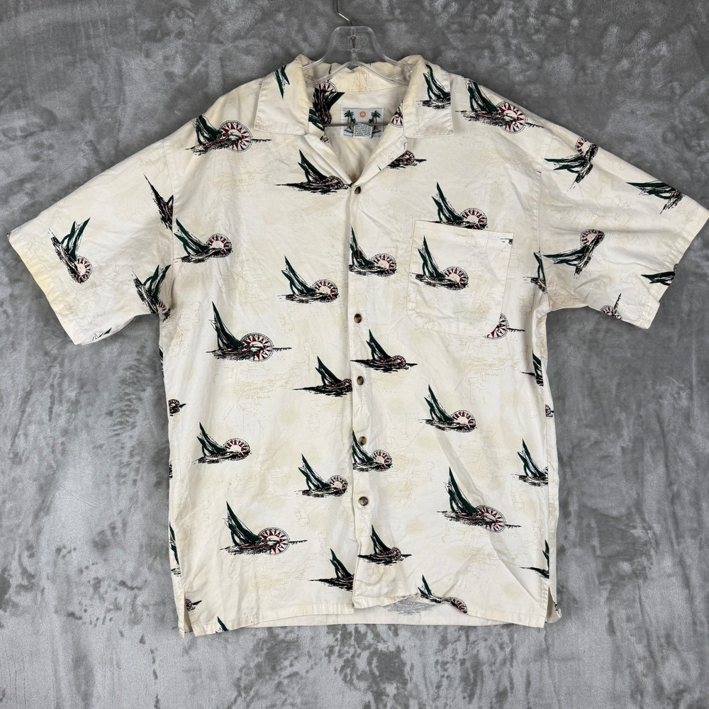 Chardonnay Mens Sailboat Palm Tree‎ Aloha Hawaiian Shirt Size Large Cotton
